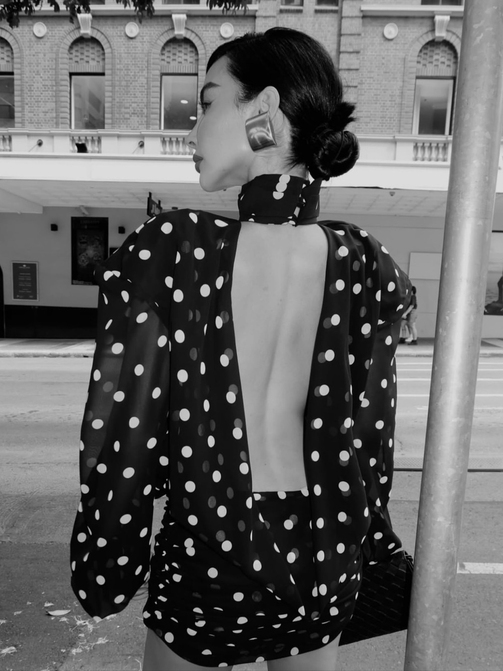 Leam Almes polka dot backless padded shoulder mini dress